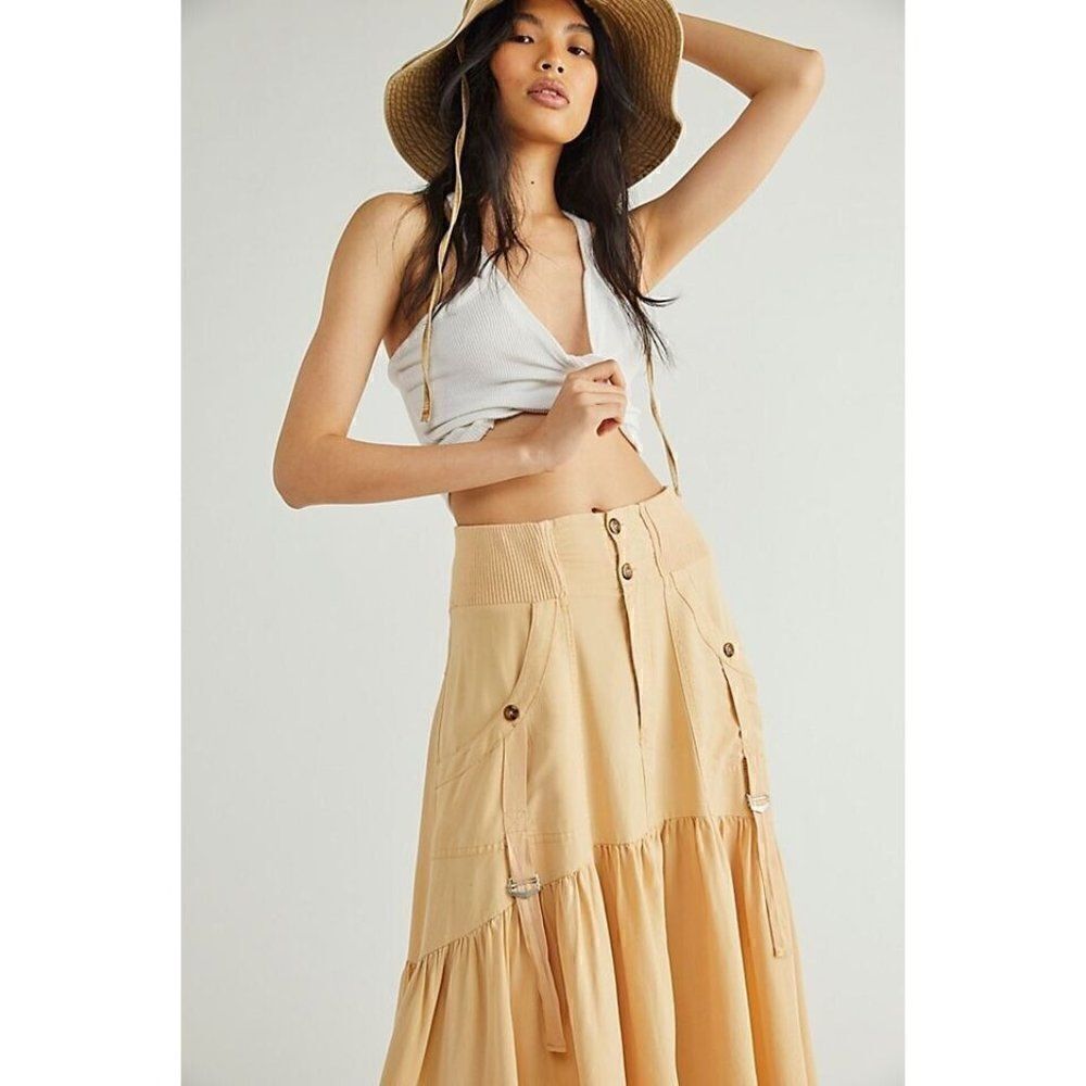 NEW FREE PEOPLE Sz 4 HOW I’M FEELING NOW UTILITY MIDI SKIRT MUSTARD SEED